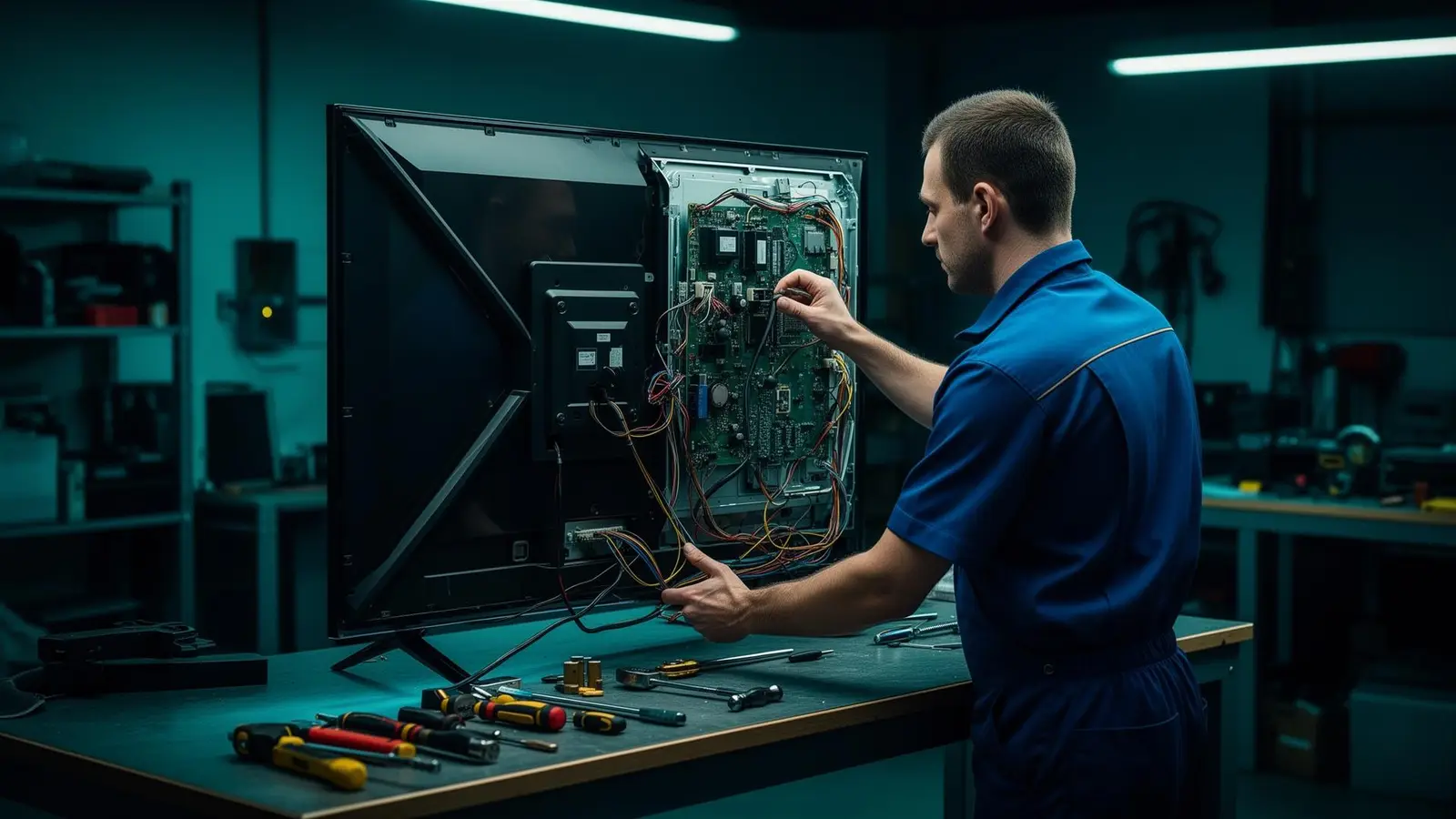 Technician repairing the motherboard of an LED TV